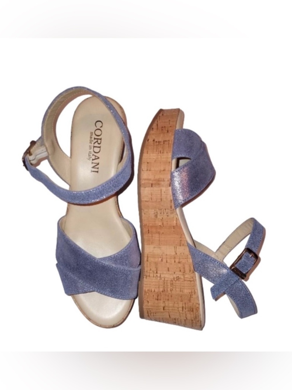 New Cordani Dorian Metallic Blue Wedge Cork Leather Sandal, EU 38 = U.S. 7.5